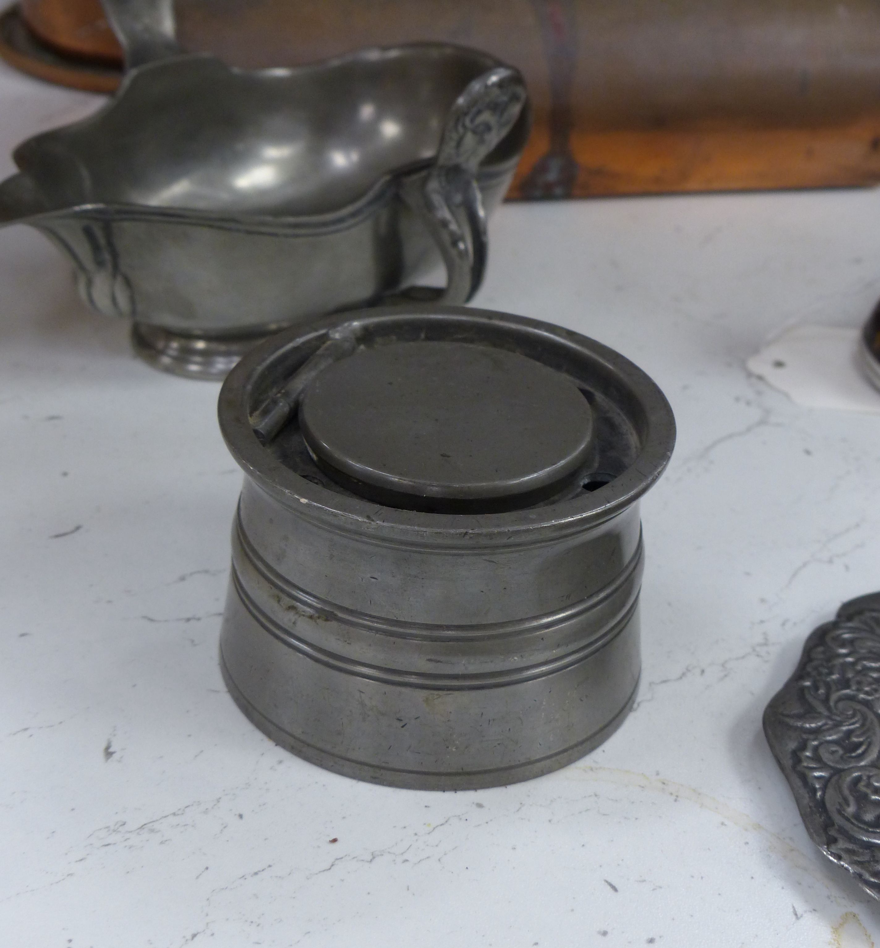 Miscellaneous items, including a pewter inkwell, three pairs of cut steel scissors, leather-cased, a pair of opera glasses, a copper jug, etc.